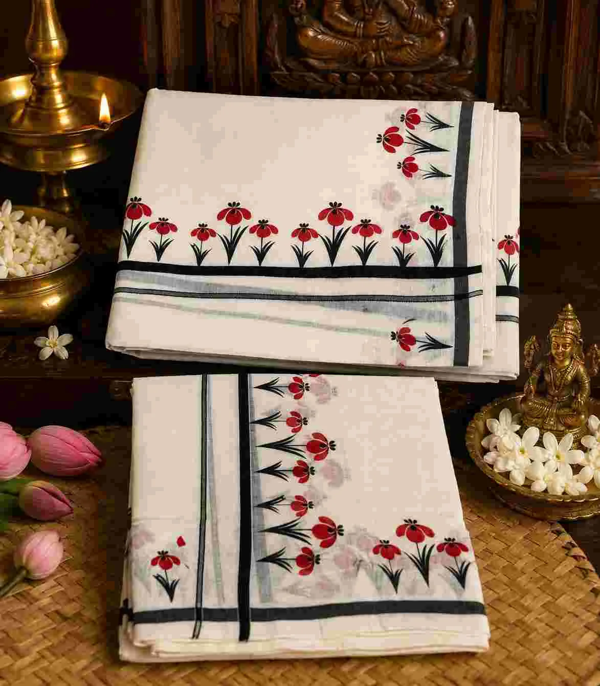 2361 Kerala Set Mundu with Black Puliyilakkara and Crimson Blossom border