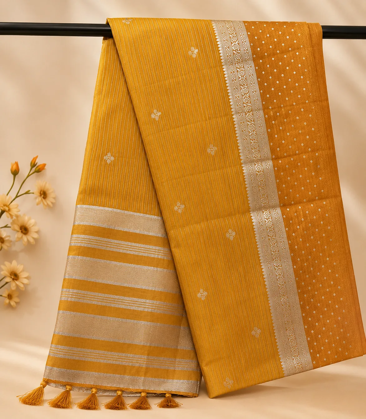 2369 Semi Tussar Saree in Mustard Yellow with Gold Zari border and Delicate Small Motifs