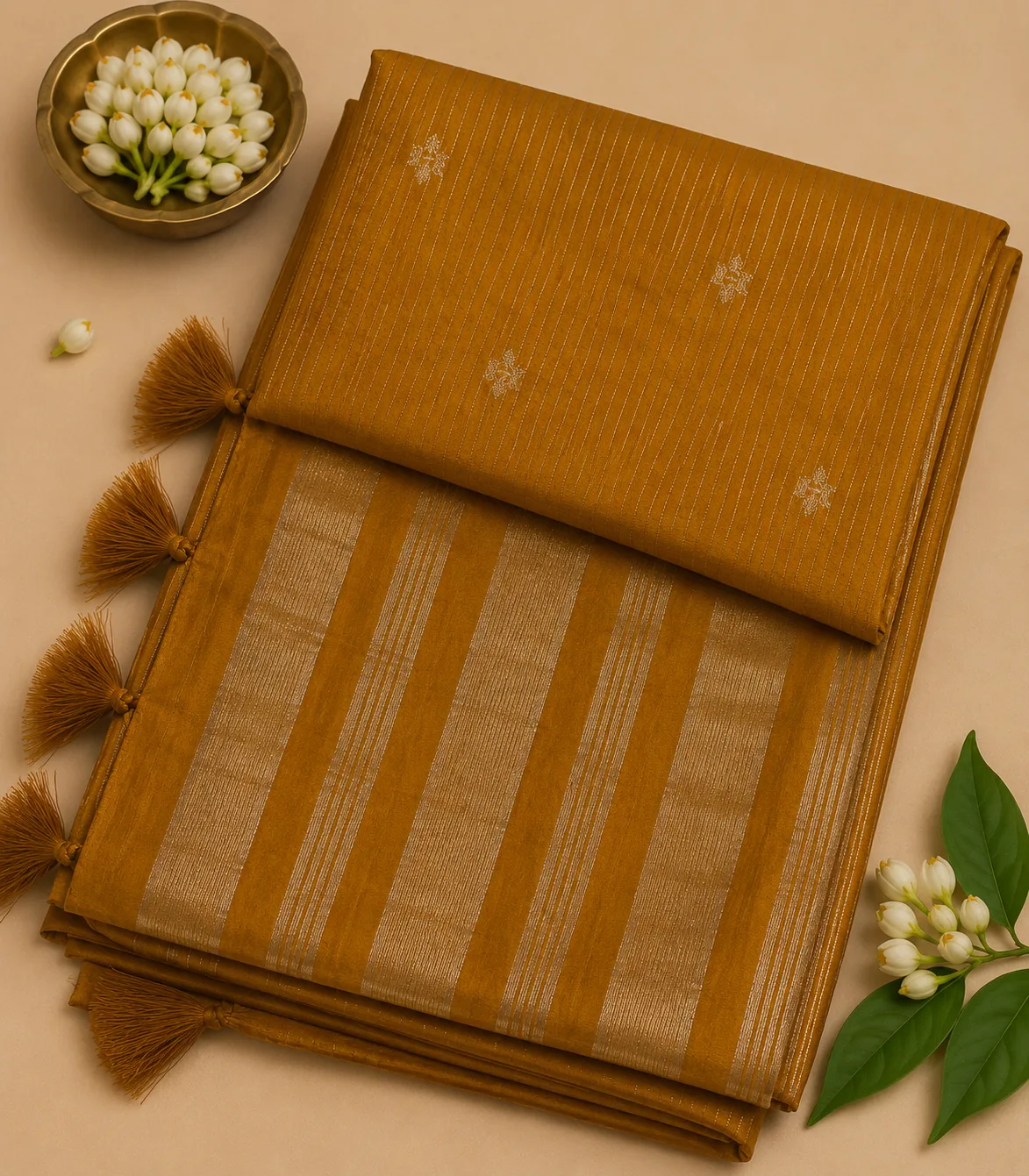 2369 Semi Tussar Saree in Mustard Yellow with Gold Zari border and Delicate Small Motifs