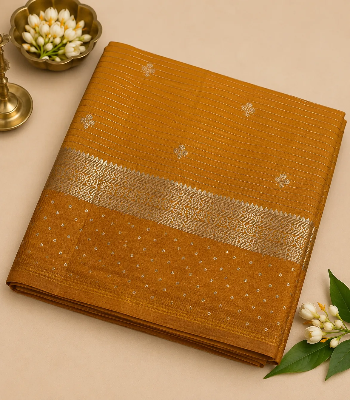 2369 Semi Tussar Saree in Mustard Yellow with Gold Zari border and Delicate Small Motifs