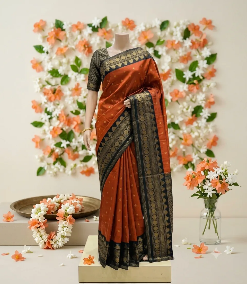 2378 Rust Orange Soft Semi Silk Saree with Contrast Black and Gold Zari Border