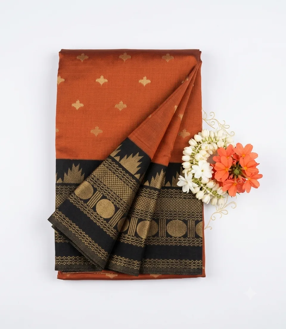 2378 Rust Orange Soft Semi Silk Saree with Contrast Black and Gold Zari Border