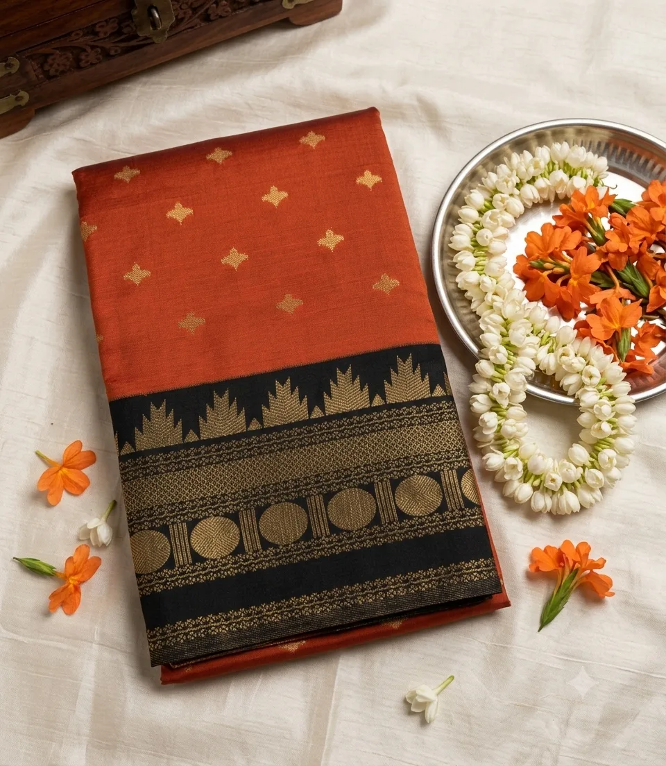 2378 Rust Orange Soft Semi Silk Saree with Contrast Black and Gold Zari Border