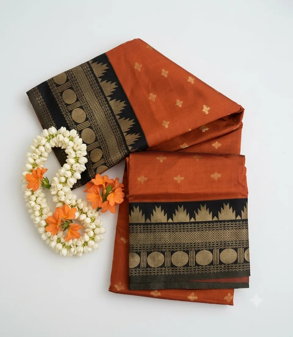 2378 Rust Orange Soft Semi Silk Saree with Contrast Black and Gold Zari Border