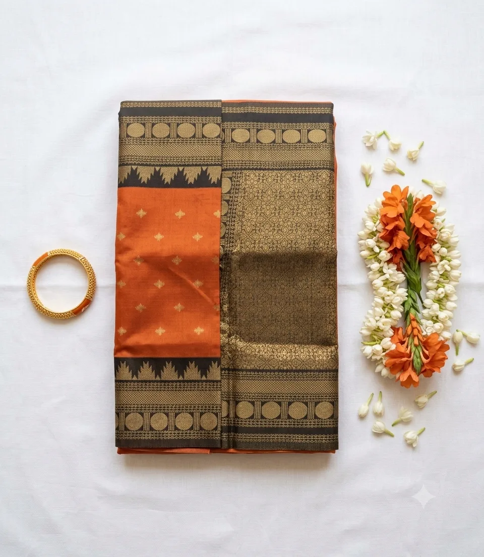 2378 Rust Orange Soft Semi Silk Saree with Contrast Black and Gold Zari Border
