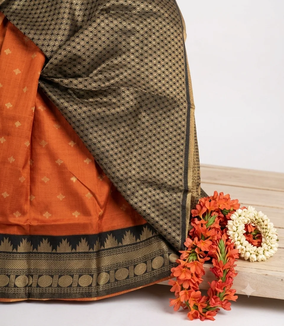 2378 Rust Orange Soft Semi Silk Saree with Contrast Black and Gold Zari Border
