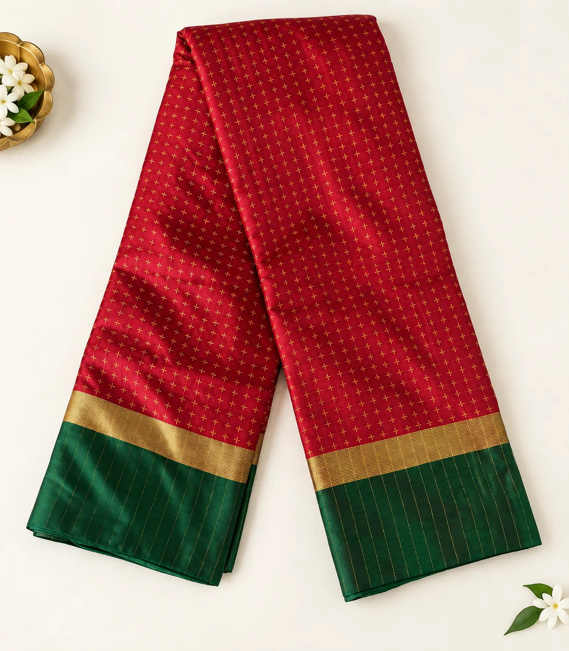 2383 Arani Soft Silk Red Saree with Gold Butta Motifs and Contrast Green Border