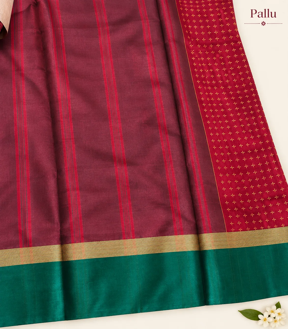 2383 Arani Soft Silk Red Saree with Gold Butta Motifs and Contrast Green Border