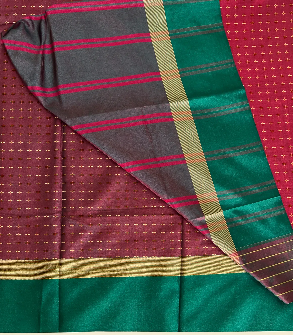 2383 Arani Soft Silk Red Saree with Gold Butta Motifs and Contrast Green Border