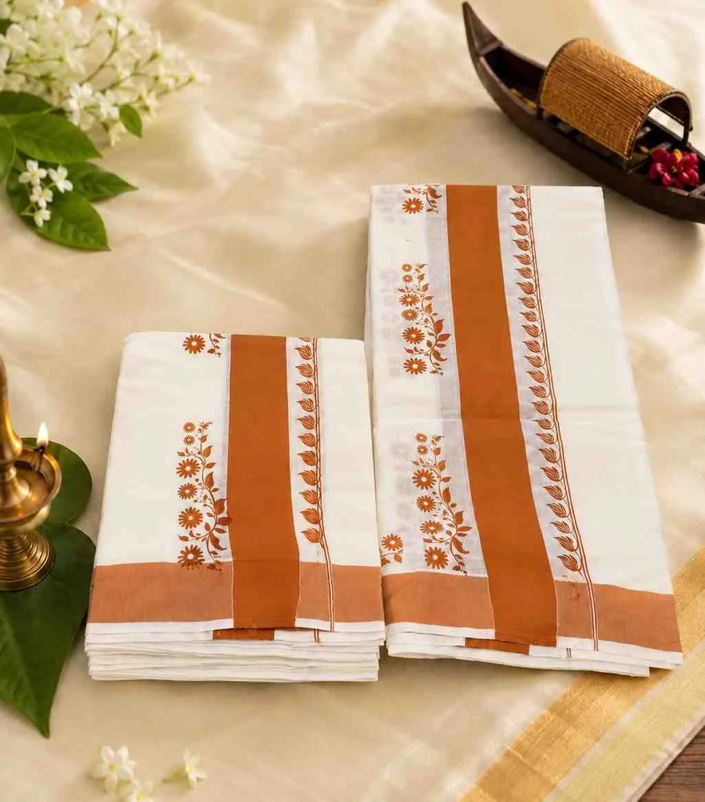 2343 Kerala Set Mundu In Brick Orange Floral Hand Print