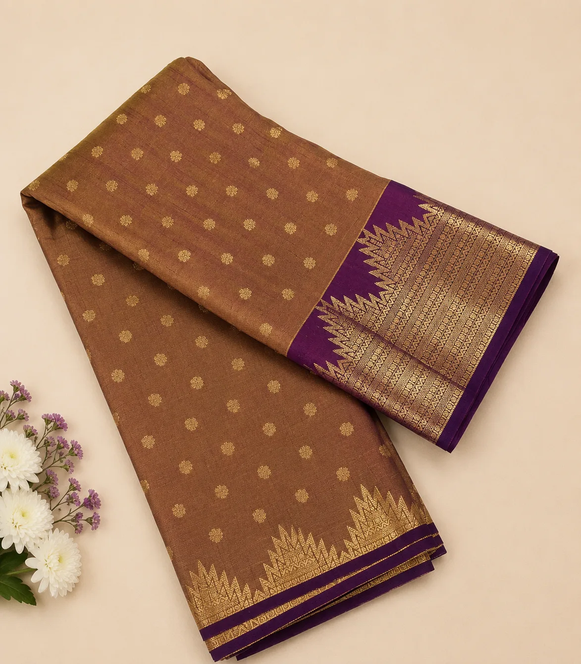 2375  Dual Tone Saddle Brown and Purple Semi Silk Saree with Purple Zari Border