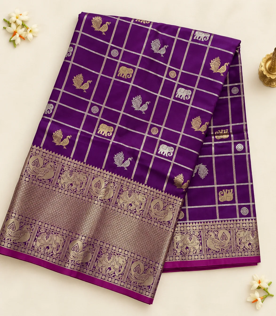 2387 Vintage Semi Silk Gadwal Saree in Purple with  with Zari Checks and Traditional Motifs
