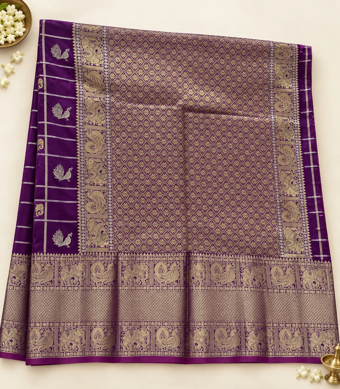 2387 Vintage Semi Kanchi Gadwal Saree in Purple with  with Zari Checks and Traditional Motifs
