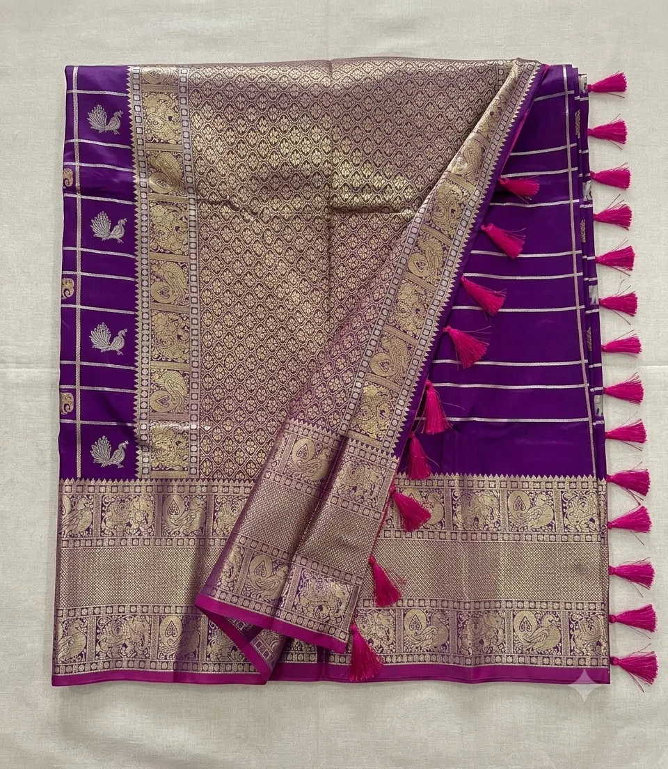 2387 Vintage Semi Kanchi Gadwal Saree in Purple with  with Zari Checks and Traditional Motifs