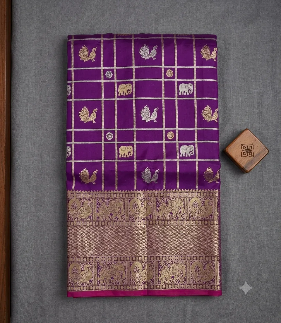 2387 Vintage Semi Kanchi Gadwal Saree in Purple with  with Zari Checks and Traditional Motifs