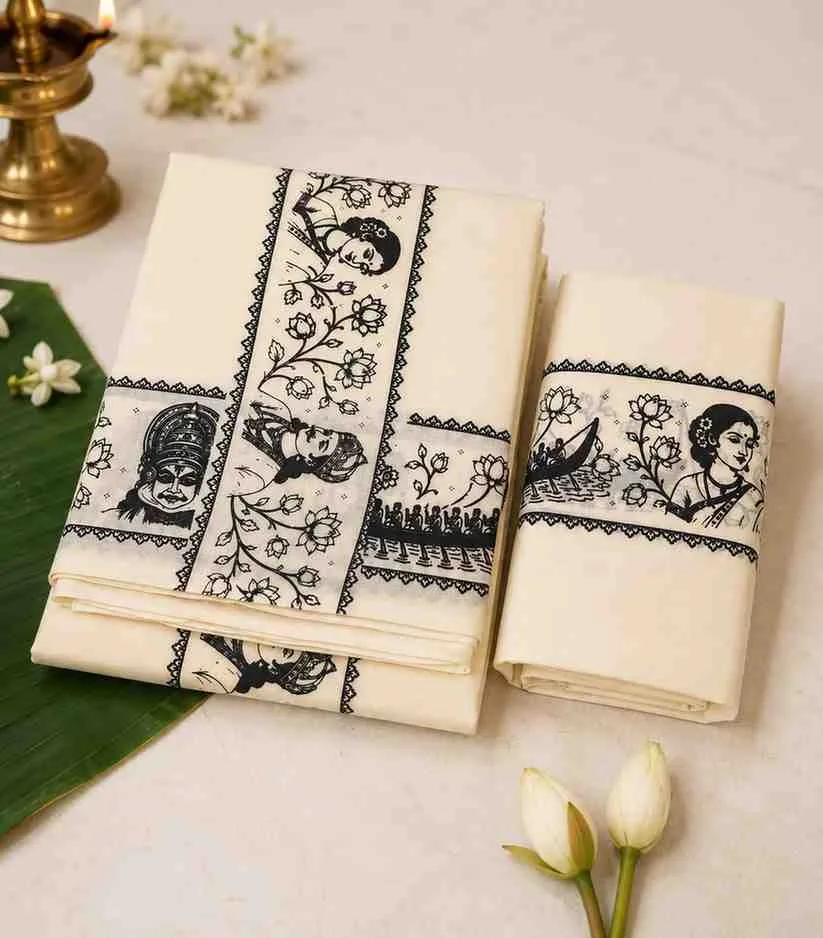 2346 Set Mundu with Black Kerala Cultural Mural Art