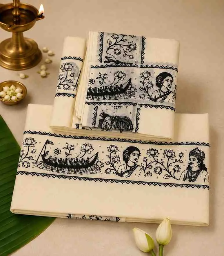 2346 Set Mundu with Black Kerala Cultural Mural Art