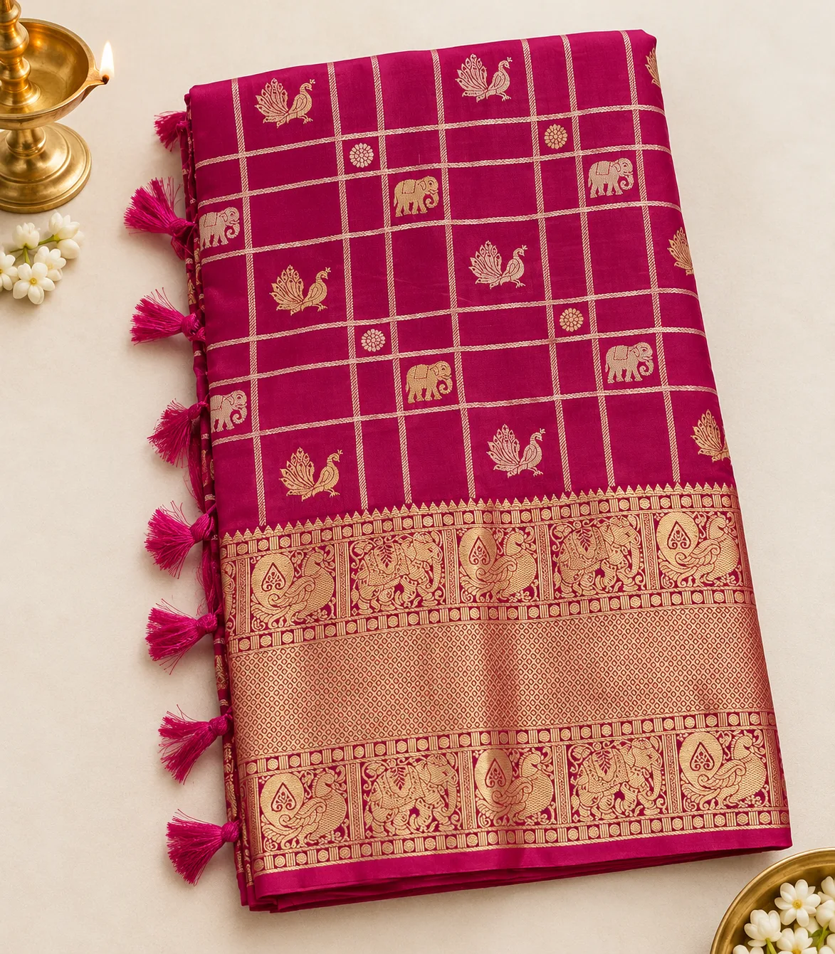 2388 Vintage Semi Kanchi Gadwal Saree in Rani Pink with  with Zari Checks and Traditional Motifs 