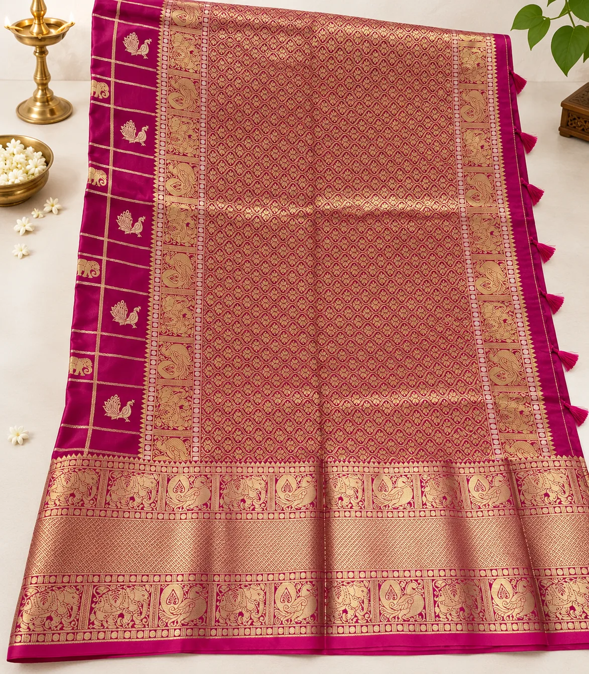 2388 Vintage Semi Kanchi Gadwal Saree in Rani Pink with  with Zari Checks and Traditional Motifs 