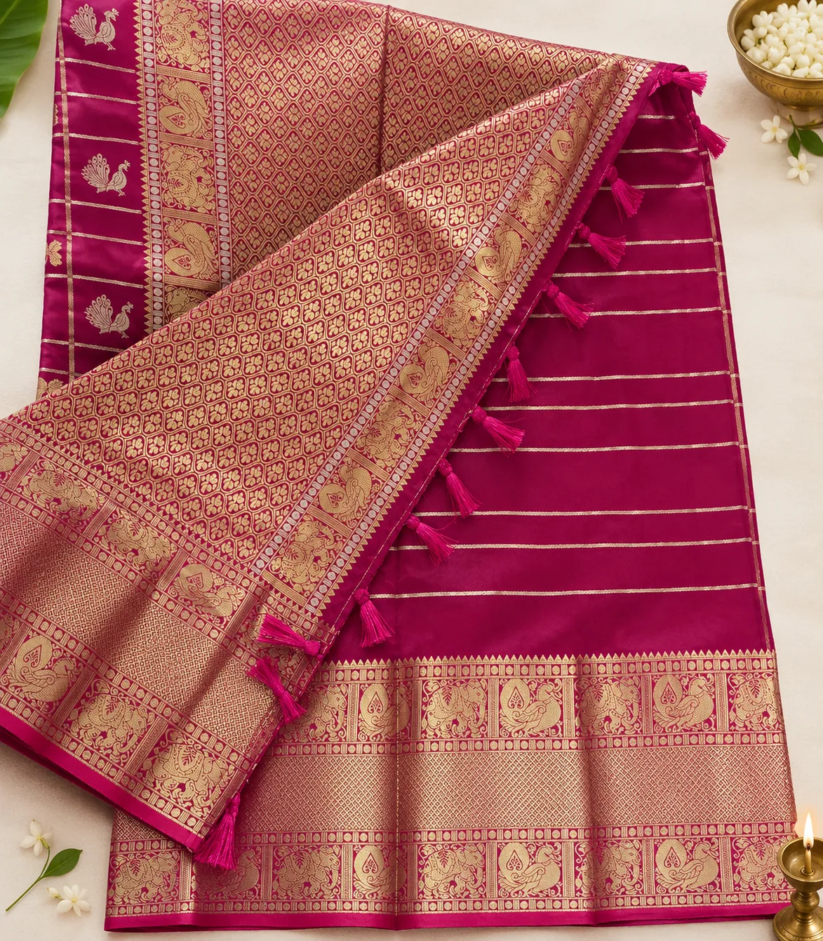 2388 Vintage Semi Kanchi Gadwal Saree in Rani Pink with  with Zari Checks and Traditional Motifs 