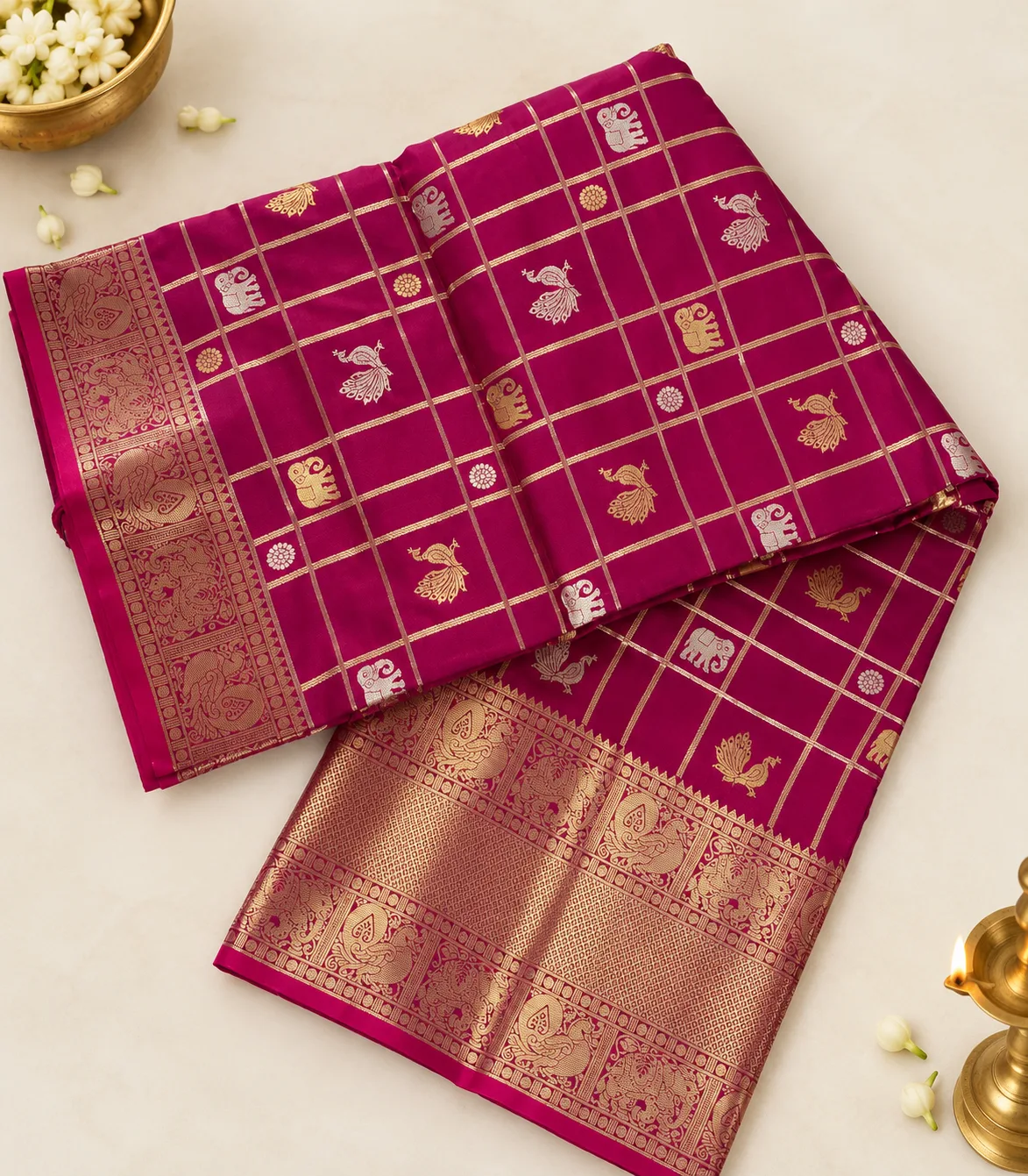 2388 Vintage Semi Silk Gadwal Saree in Rani Pink with  with Zari Checks and Traditional Motifs