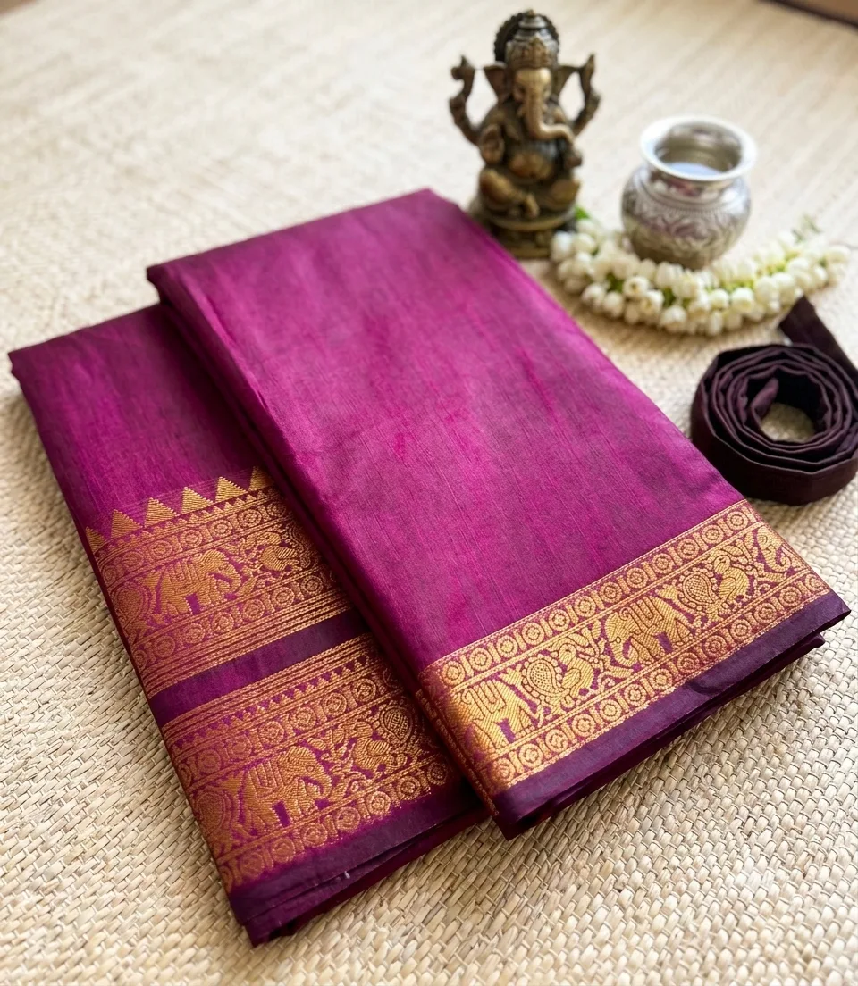 2374 Bright Onion Pink Kanchi Cotton Silk Saree with Gold Elephant Zari Border