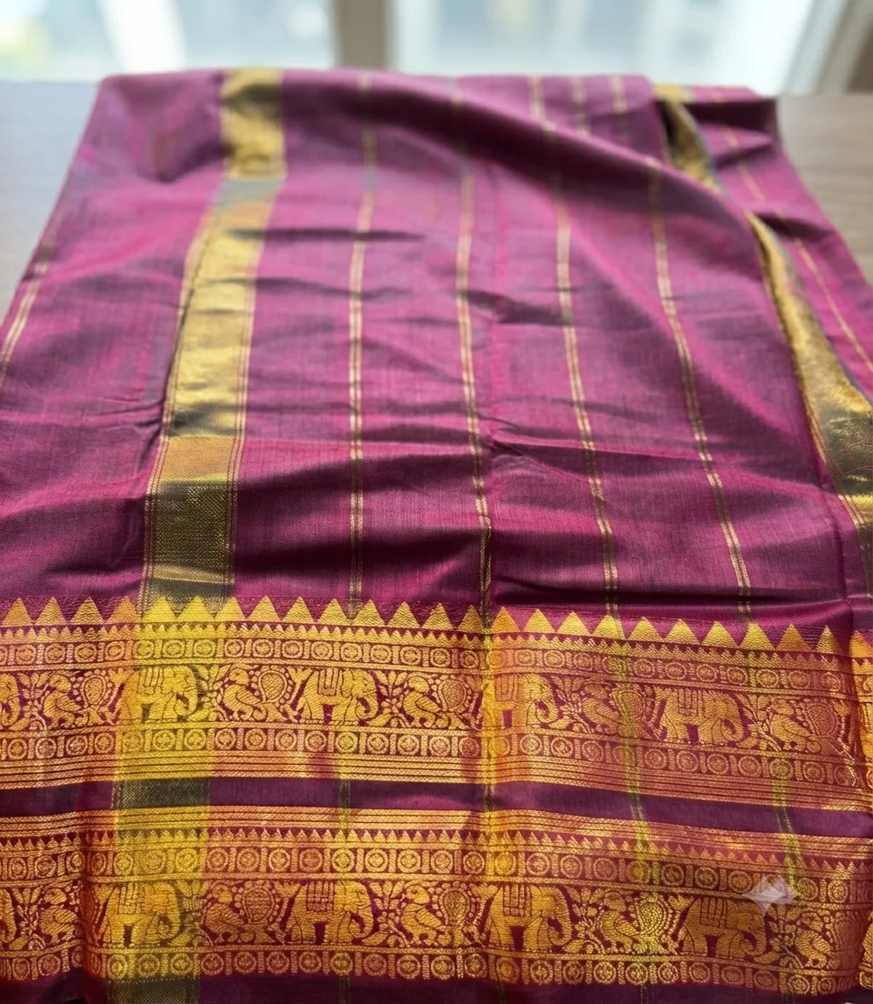 2374 Bright Onion Pink Kanchi Cotton Silk Saree with Gold Elephant Zari Border