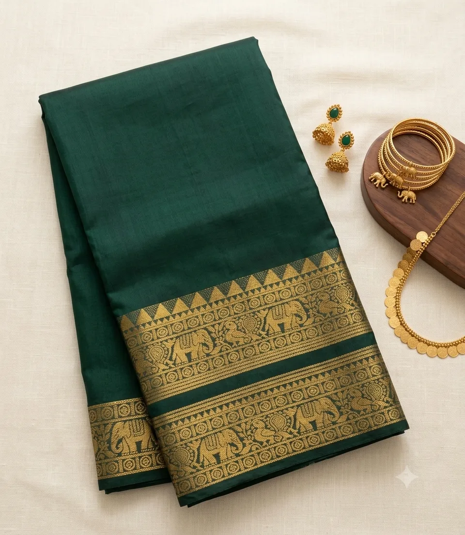 2373 Deep Teal Kanchi Cotton Silk Saree with Gold Elephant Zari Border