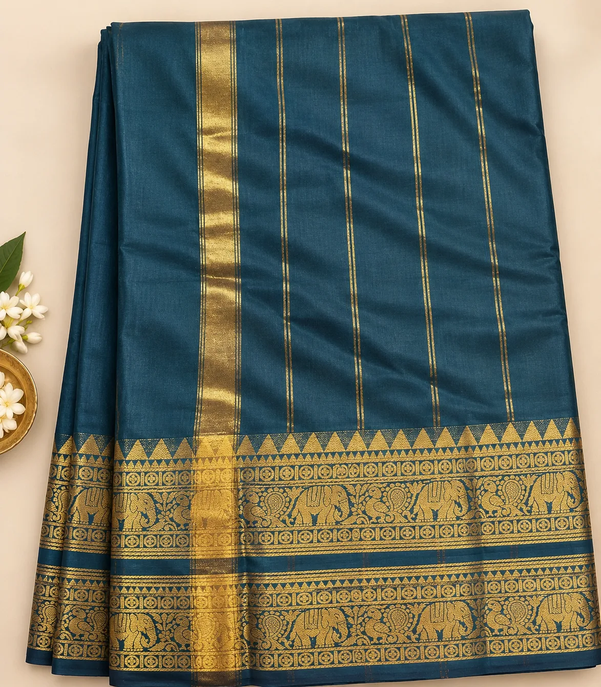 2373 Deep Teal Kanchi Cotton Silk Saree with Gold Elephant Zari Border