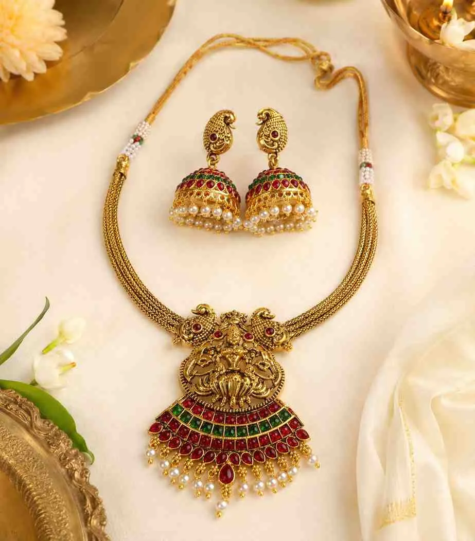 5648 Antique Gold Temple Jewelry Set with Goddess Lakshmi Pendant and Matching Jhumkas