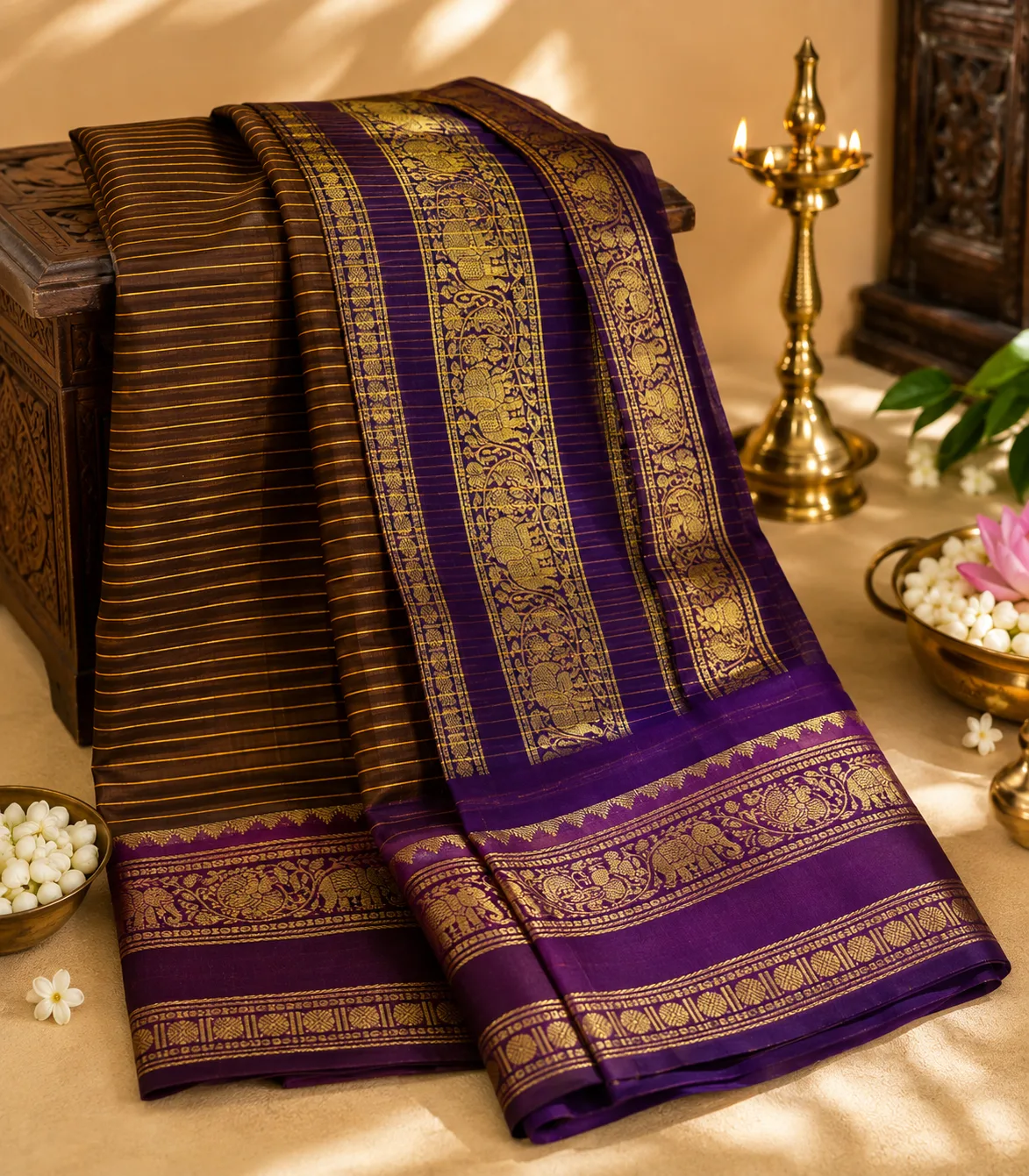 2362 Semi Kanchi Cotton Saree in Stripes on Muted Antique Gold and Maroon Border