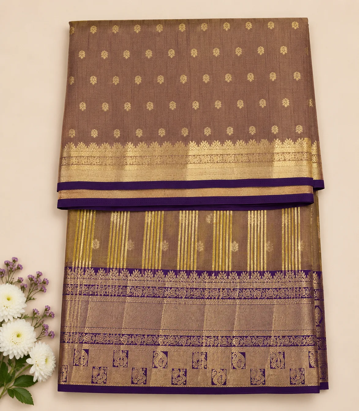 2377 Double Tone Mehendi Green  Semi Silk Saree with Purple and Gold Zari Border