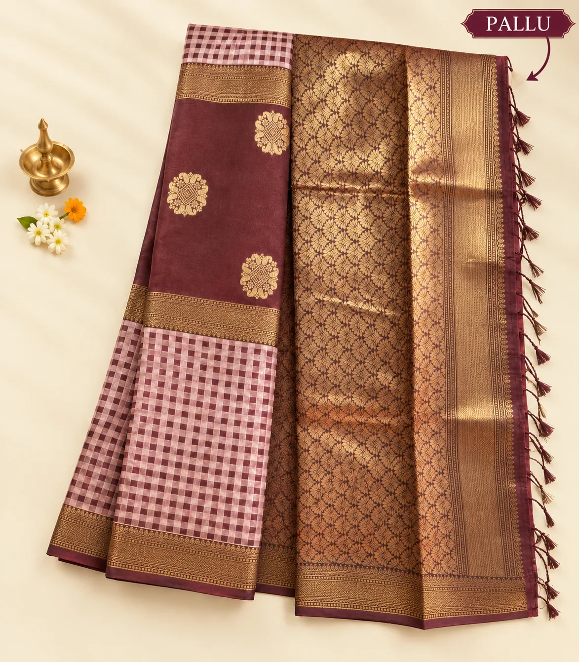2380 Traditional Maroon and Cream  Semi Silk 3 part Saree with Checked Body & Brocade Pallu