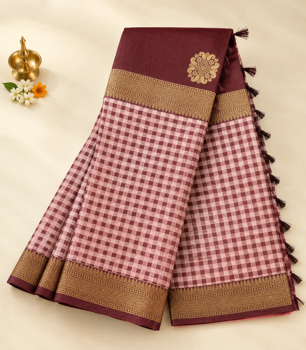 2380 Traditional Maroon and Cream  Semi Silk 3 part Saree with Checked Body & Brocade Pallu