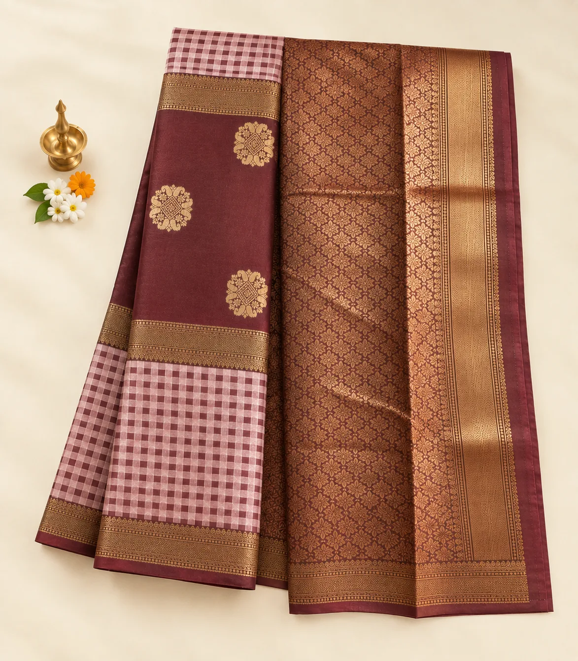 2380 Traditional Maroon and Cream  Semi Silk 3 part Saree with Checked Body & Brocade Pallu