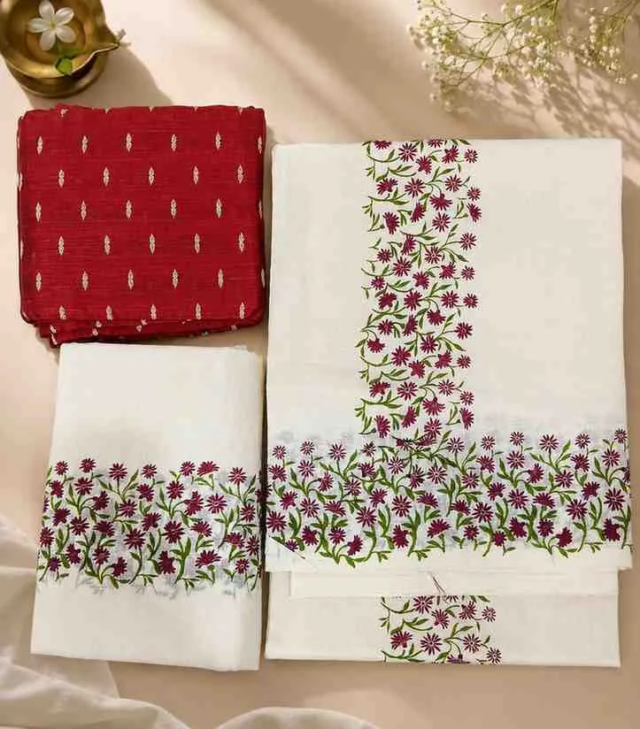 2342 Kerala Set Mundu in Brown Floral Hand Print