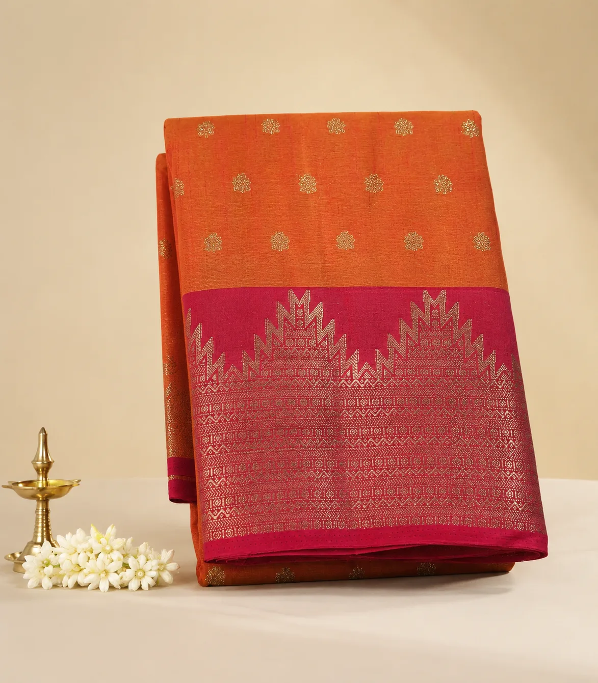 2376  Dual Tone Fiery Orange Silk Saree with Rani Pink Temple Border and  Gold Zari Buttas