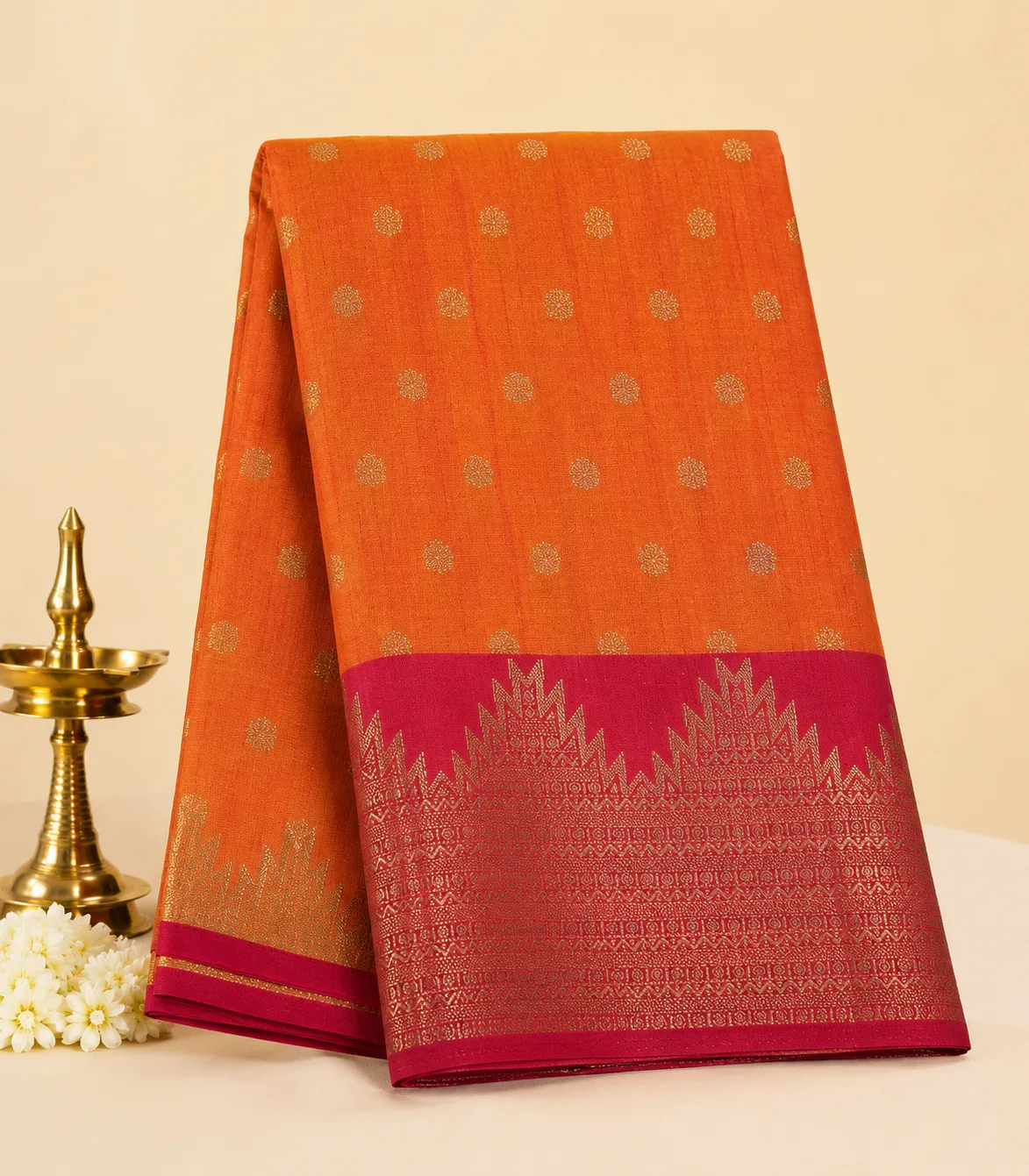 2376  Dual Tone Fiery Orange Silk Saree with Rani Pink Temple Border and  Gold Zari Buttas