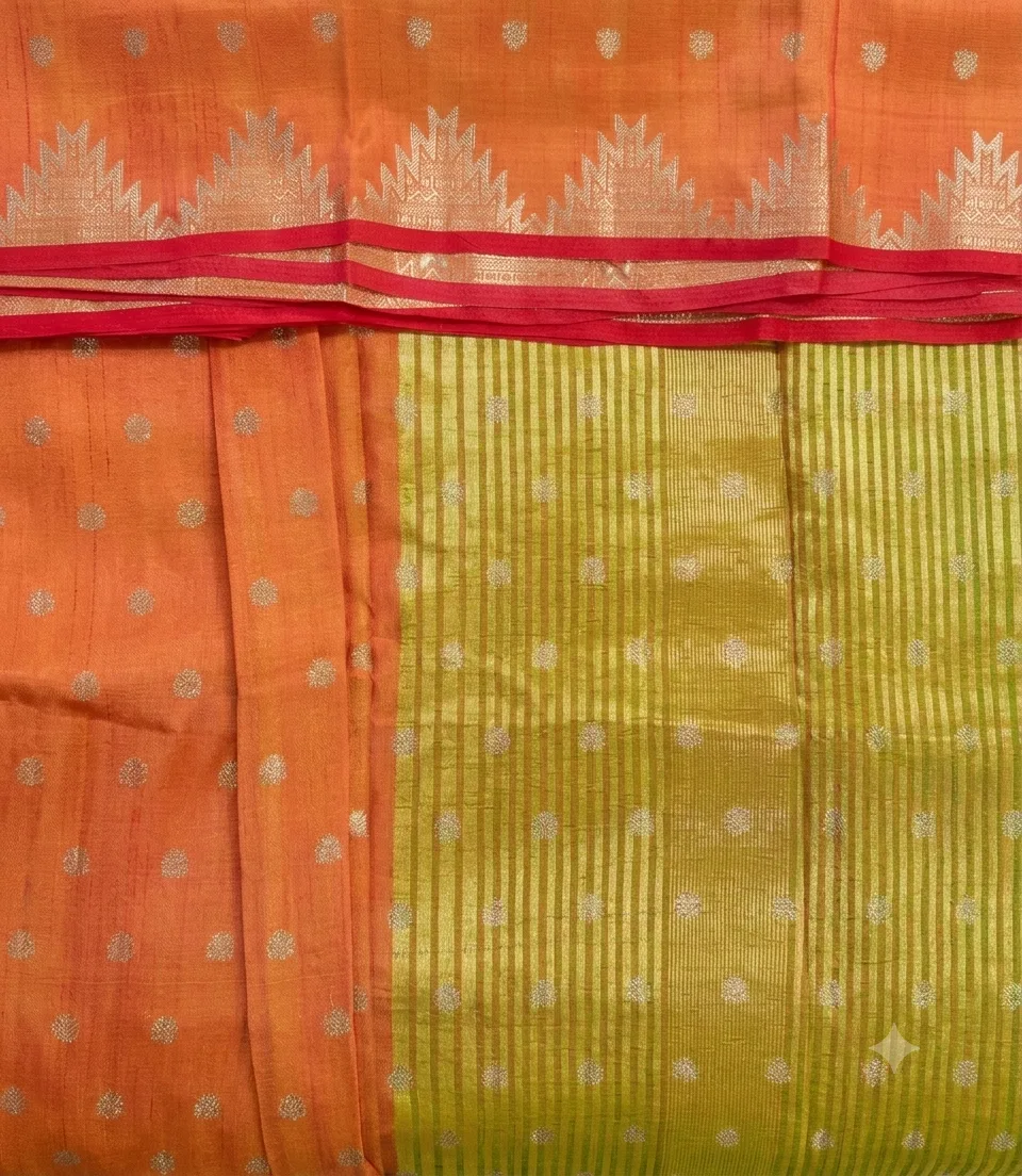 2376  Dual Tone Fiery Orange Silk Saree with Rani Pink Temple Border and  Gold Zari Buttas