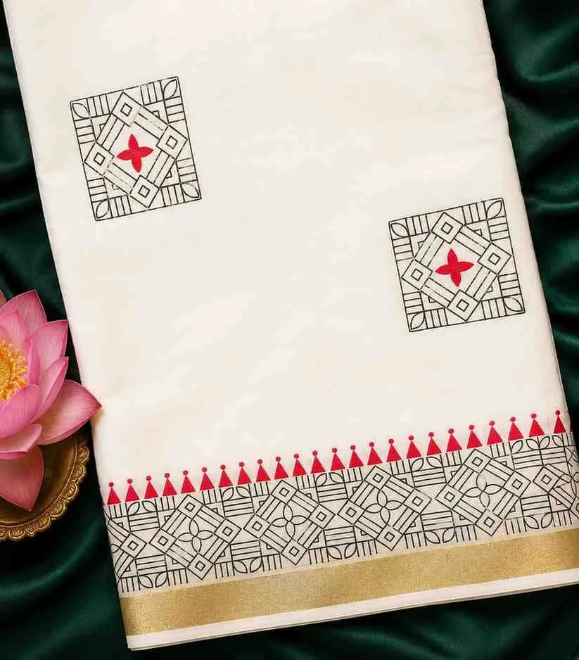 2295 Onam Special Collection Kerala Kasavu Saree with Geometric Prints & Golden Zari Border