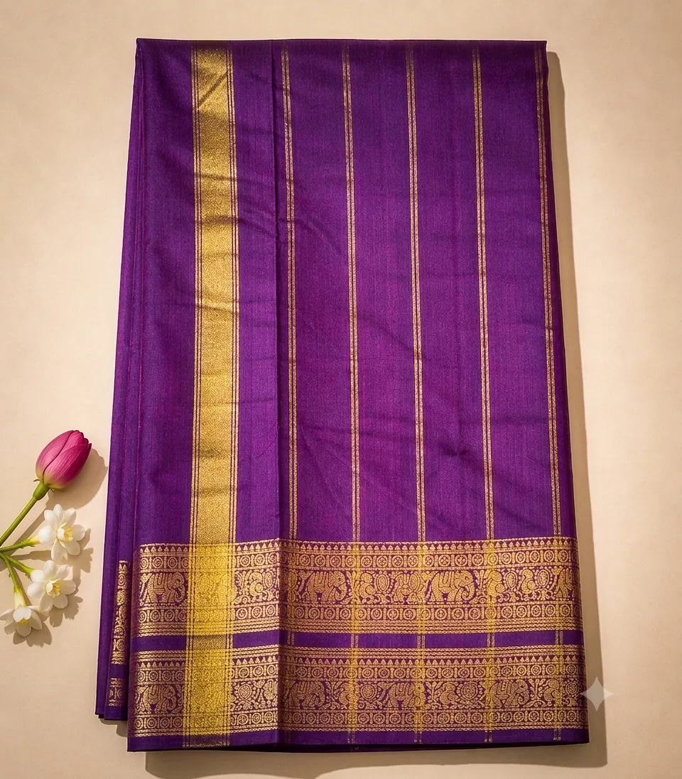 2372 Royal Purple Kanchi Cotton Silk Saree with Gold Elephant Zari Border