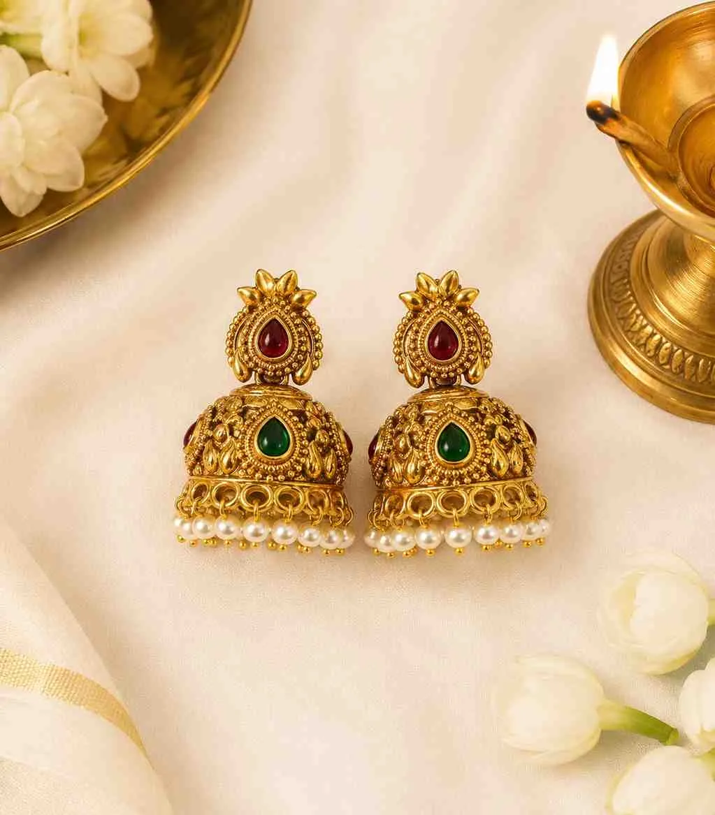 6630 Traditional Antique Gold Temple Jewellery Set with Long Haram Necklace, Jhumka Earrings, Ruby & Emerald Stones, and Guttapusalu Jhumka