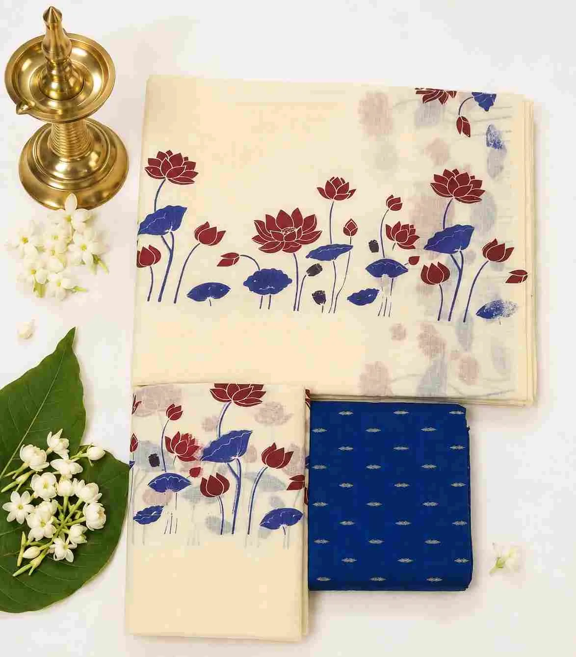 2359 Kerala Set Mundu with Blue and Brown Lotus & Leaves Print with Blouse Piece