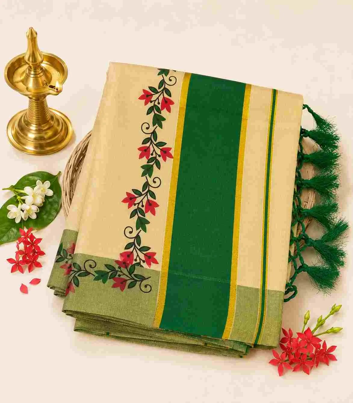 2353 Onam Special Collection Kerala Tissue Green Border and Floral Prints with Tussels