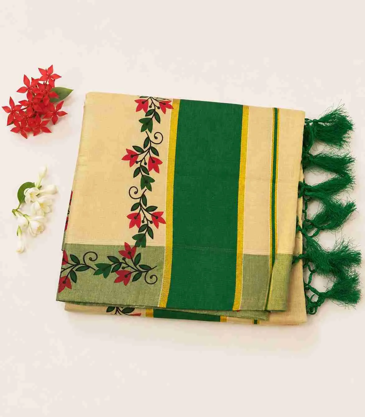 2353 Onam Special Collection Kerala Tissue Green Border and Floral Prints with Tussels