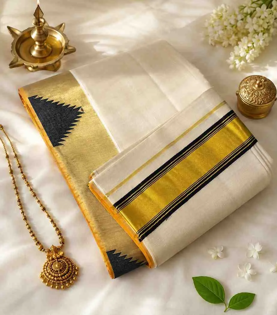 2347 Premium Kerala Tissue Kasavu Saree with Black and Gold Temple Border