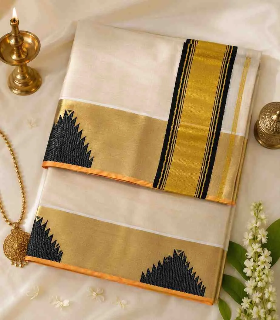 2347 Premium Kerala Tissue Kasavu Saree with Black and Gold Temple Border
