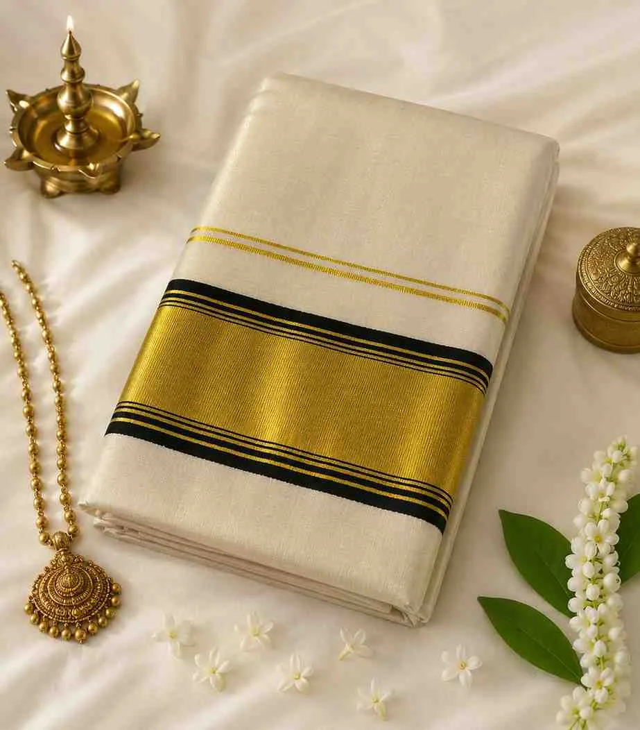 2347 Premium Kerala Tissue Kasavu Saree with Black and Gold Temple Border