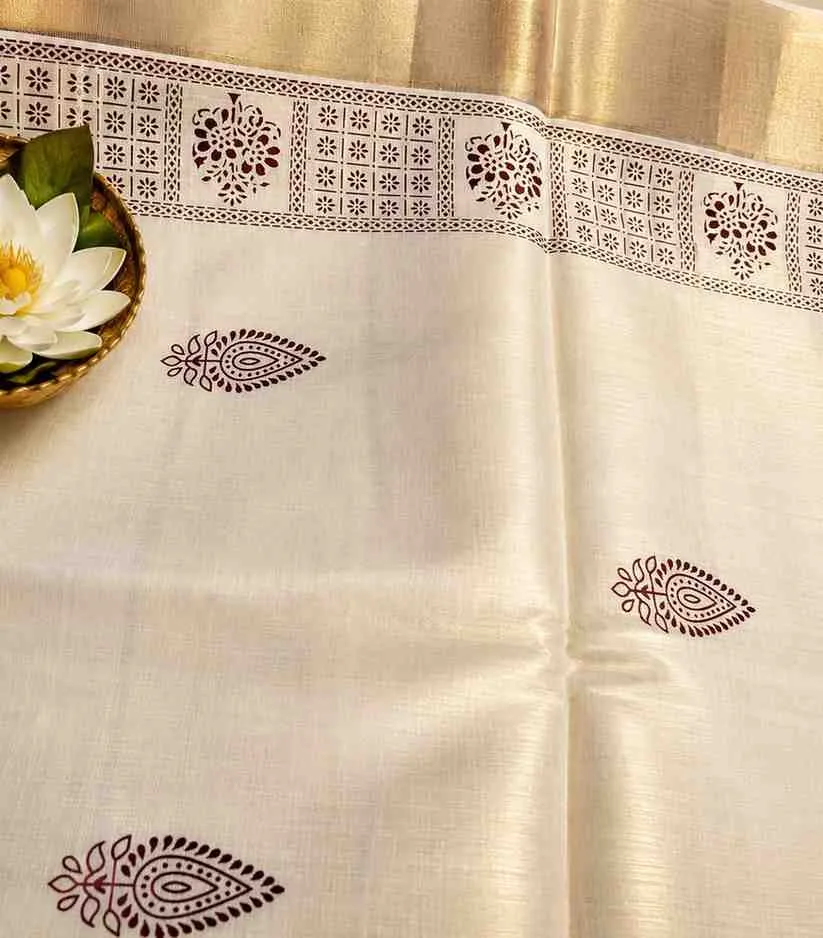2297 Onam Special Collection Kerala Tissue Sari in Golden Zari Brown Block Printed Border and Tussels