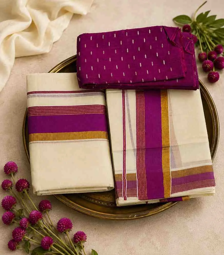 2344 Kerala Premium Cotton Set Mundu with Magenta Purple & Gold Zari Border